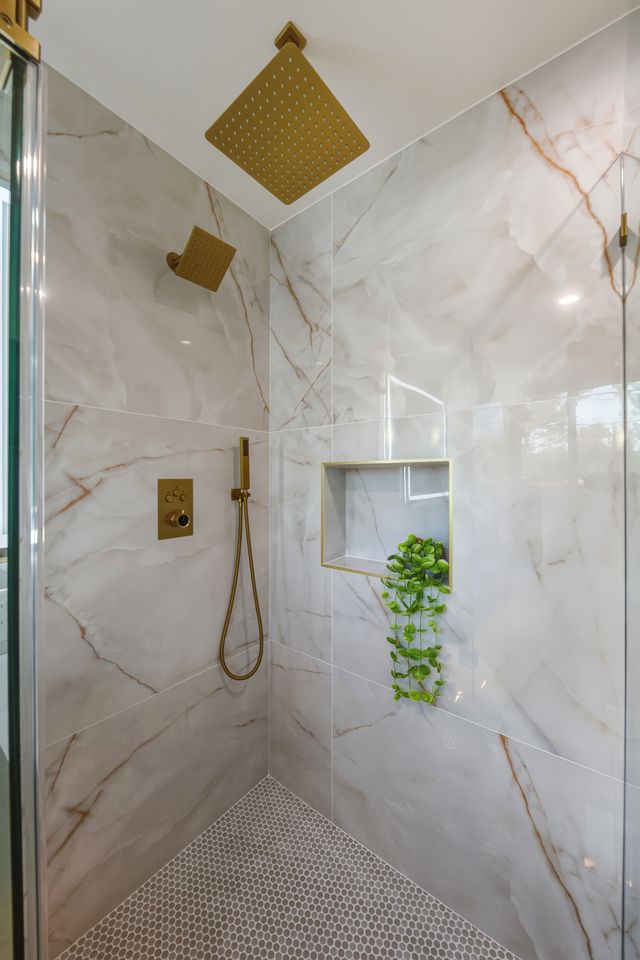 Bathroom remodel: marble-look shower, Redwood City